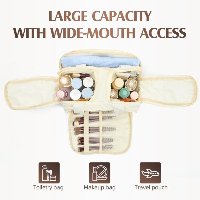 Чоловіча та жіноча дорожня косметичка Axcone, велика, широка, для подорожей, органайзер для макіяжу та косметики, ручна сумка, косметичка для ручної поклажі (Beige)