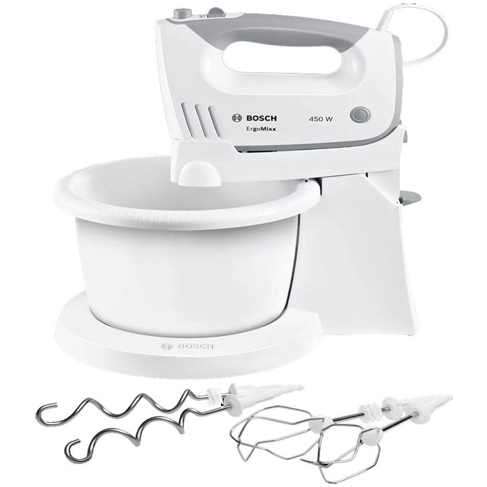 Bosch Hand Mixer MFQ36460, Hand Mixer, Mixing Bowl Plus Stand, 2 Beaters, 2 Stainless Steel Dough Hooks, 450 W, White