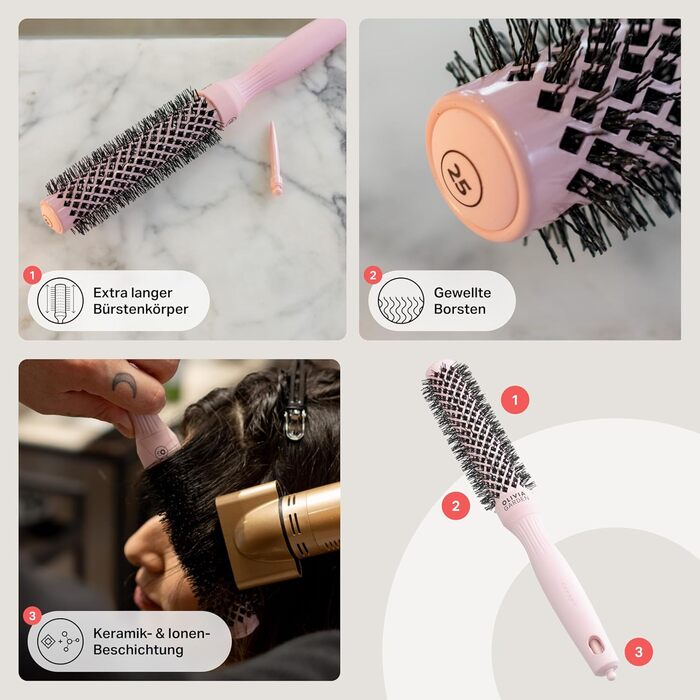 Кругла щітка Olivia Garden Expert Blowout Speed з керамічним покриттям, білий та сірий (25 мм, пастелевий рожевий)