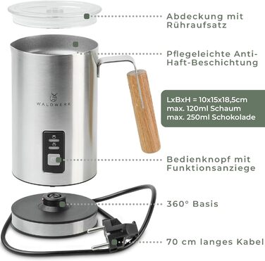 WALDWERK Milk Frother made of 304 Stainless Steel and Oak Wood - Electric Milk Frother for Perfect Foam or Hot Chocolate - Milk Frother - Electric Milk Frother