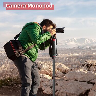 Монопод для камери Manbily 36mm, 6 секцій, 44-174см, з алюмінію, з ручкою-гніллом, до 18кг, з кріпленням для телефону, червоний