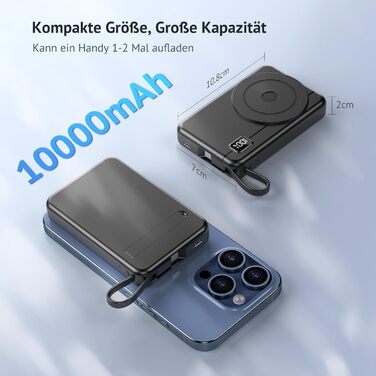 Powerbank MagSafe 10000mAh 22.5W з магнітним кріпленням, USB-C, LED-дисплеєм. Сумісний з iPhone 16/15/14/13/12 Pro Max, Galaxy та іншими пристроями. Чорний