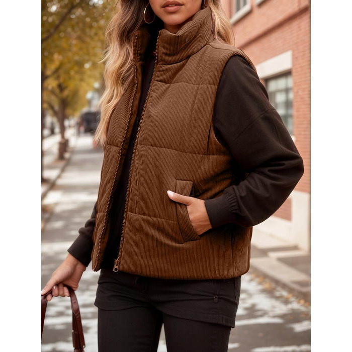 Жіноча тепла жилетка FEOYA на осінь/зиму з коміром-стійкою, без рукавів, коричневого кольору (XL)