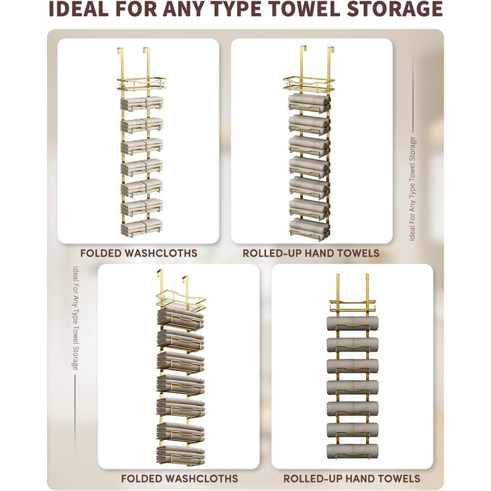 Настінний тримач для рушників у ванну кімнату, без свердління, 6-рівнева наддверна полиця для рушників, багаторівневий тримач для рушників на двері, для складених рушників (Золотий, 8 ярусів)