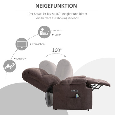 HOMCOM Massaging Chair with Stand-Up Assist, Electric Recliner with 8 Vibration Massage Points, Adjustable TV Chair, USB Interface, Velvet Dark Brown
