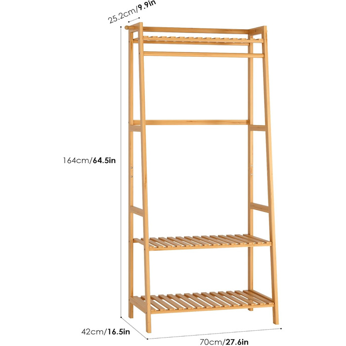 FOREHILL Clothes Rack with Shelves Coat Rack Bamboo Clothes Rail with Anti-Tip Device for Clothes Shoe Shelf Bags 164x70x42cm