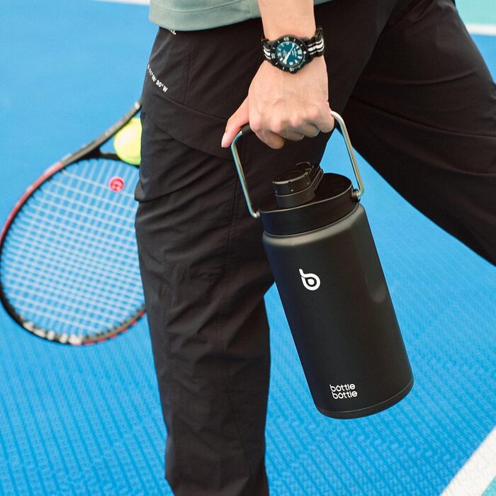 BOTTLE BOTTLE Insulated Stainless Steel Water Bottle 64oz (1.8L) with Straw, Lid, Handle & Pill Compartment – BPA-free, Leak-proof, Ideal Drinking Bottle for Sports, Fitness, Hiking & Outings (Black)