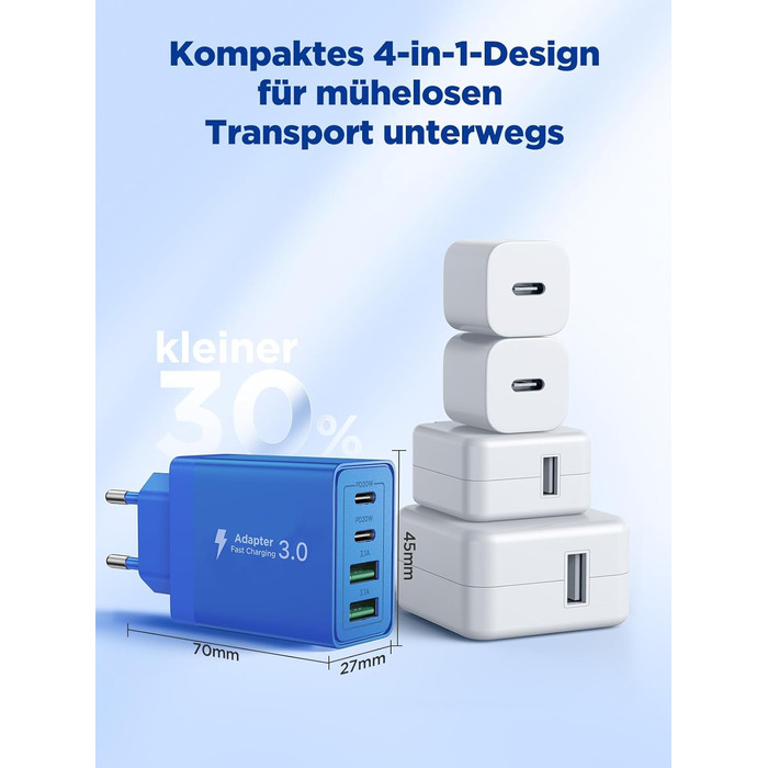 Багатопортовий зарядний пристрій Aioneus USB-C з 4 портами (USB-C та USB-A), 40W, PD 3.0, для iPhone, Samsung, білий (1 шт., колір: морська хвиля)