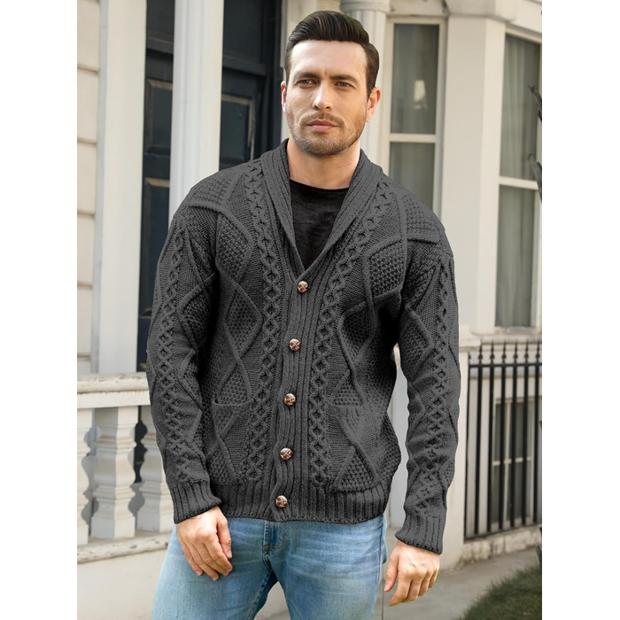 Чоловічий в'язаний жакет Comdecevis з коміром-шарфом, рельєфним в'язанням, ґудзиками, довгими рукавами, кишенями, темно-сірий (3XL)