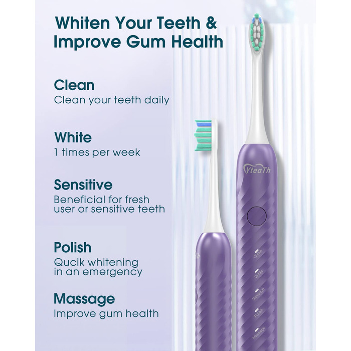 Електрична зубна щітка для дорослих з 6 насадками, акумуляторна звукова, фіолетова (1 шт.) - тривала робота до 180 днів