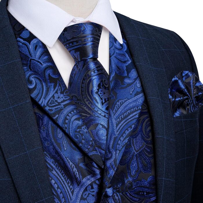 Костюмний комплект DiBanGu: жилет, краватка, хустинка, запонки, лапєль Pin (7 предметів) з паєчним візерунком, синій, XL