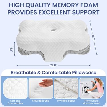 Подушка для шиї з піни Memory Foam, ортопедична для сну на боку, спині та животі (1 шт.), світло-біла