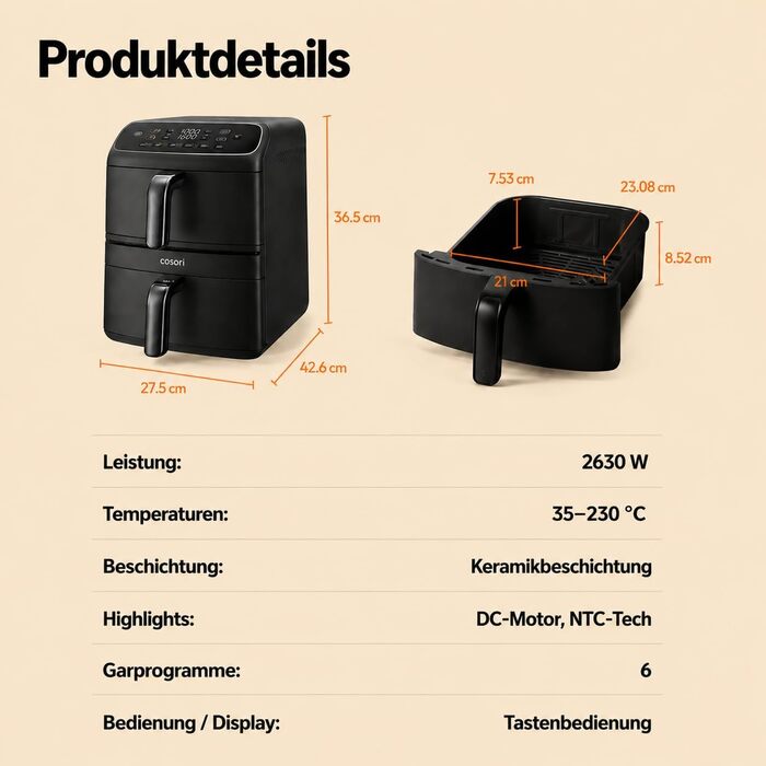 COSORI Airfryer Turbo Tower Compact 8.6L: Фритюрниця з двома камерами, керамічне покриття, 2700W, чорна