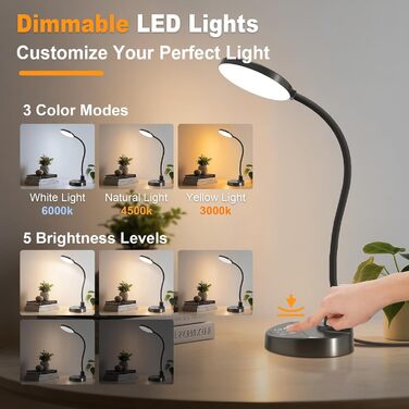 LED лампа для столу 15W з USB-A та USB-C – диммування, 3 колірні температури, 5 рівнів яскравості, 4 таймери, гнусий 360° «лебединий» шийка, захист для очей, настільна лампа для офісу та спальні (Чорний, 4,7 дюйми)