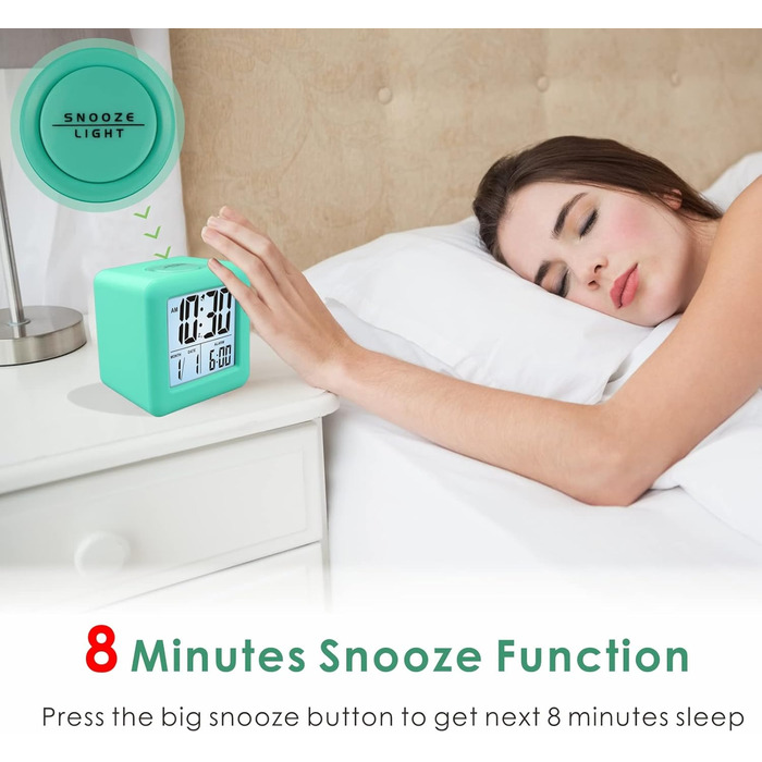 Цифровий туристичний годинник-будильник Plumeet з функцією відкладання, нічним світлом та великим дисплеєм, зеленого кольору