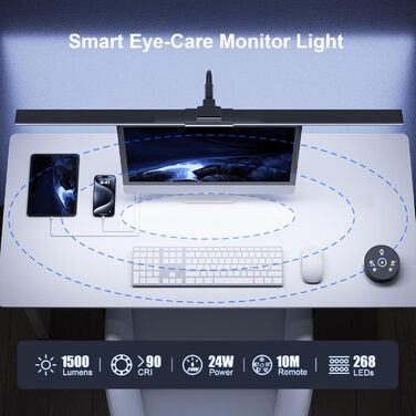LED лампа настільна з регулюванням яскравості - 1500LM 24W, кріплення-прищіпка, з пультом, гнушкий 80см шнур, USB-порт, для офісу та дому (Чорний)