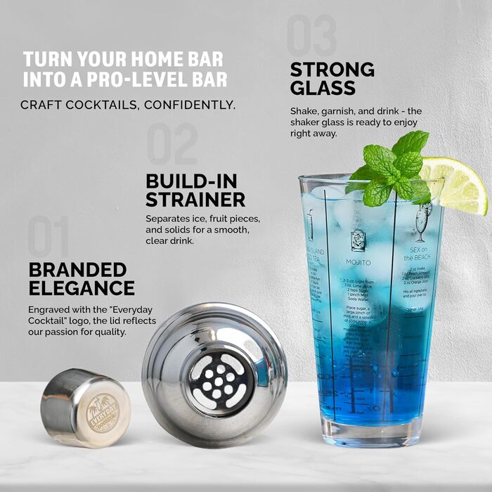 EVERYDAY COCKTAIL® Professional Glass Cocktail Shaker, 400 ml, Martini Shaker, Shaker with Recipes on the Side, Transparent Bar Shaker with Measurements, Integrated Strainer with Seal