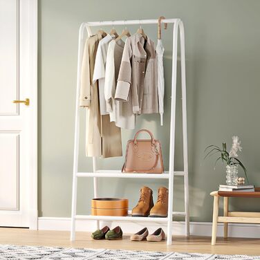 Robust metal clothes rack with double shelves for hanging clothes. Freestanding portable metal clothes rack, 62 L x 35 W x 157.5 H cm. Space-saving, Gold (White)