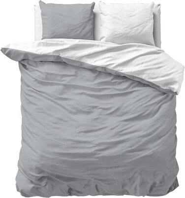 Sleeptime 100% Cotton Bedding Set 240cm x 220cm White/Gray - soft & wrinkle-free duvet cover with button closures - two-tone bedding set with 2 pillowcases 60cm x 70cm