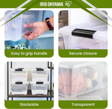 Iris Ohyama Storage Box with Lid, 6-Piece Set, Transparent, Snap Closures with Handles, Stackable, Strong & Durable, For Clothes, Garage, Home, Office, Plastic Box, Storage TB-45 (45L, x4)