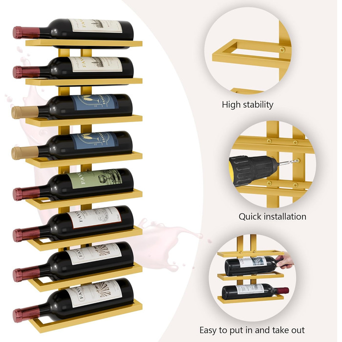 Настінна вітрина для вина FAVOOOSTY з 8 полицями, металева, для вітальні, спальні, винного погреба (Золота, 1 шт.)