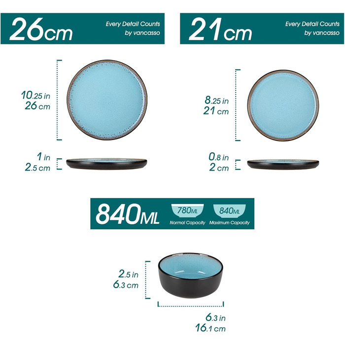 Набір мисок Vancasso (36 шт.) для сім'ї: 6 мисок з кераміки (840 мл), салати, супи, десерти. Безпечно в мікрохвильовці та посудомийній машині (Морська блакить)