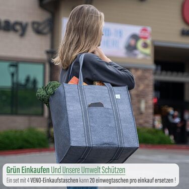 VENO 34 Liter Large Shopping Bag Foldable with Sturdy Bottom and Front Pocket, Reusable Shopping Bags Water-Resistant Tote Bag Shopping Basket for Shopping, Picnic (Gray, 4-Pack)