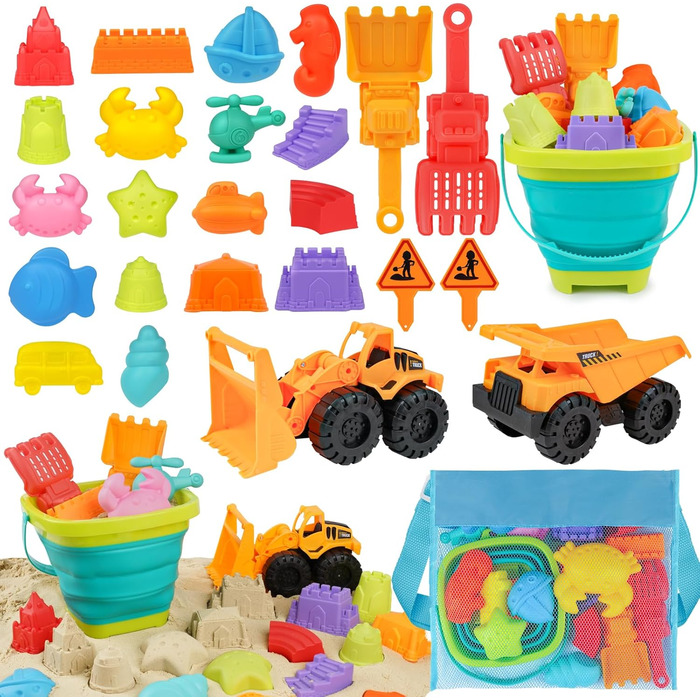 YIMORE Sand Toys Beach Toys for Boys with Folding Bucket Kids Excavator Sandbox Toy, 26 PCS Sand Molds Sand Shovel Kids, Travel Sand Toy for Ages 3+