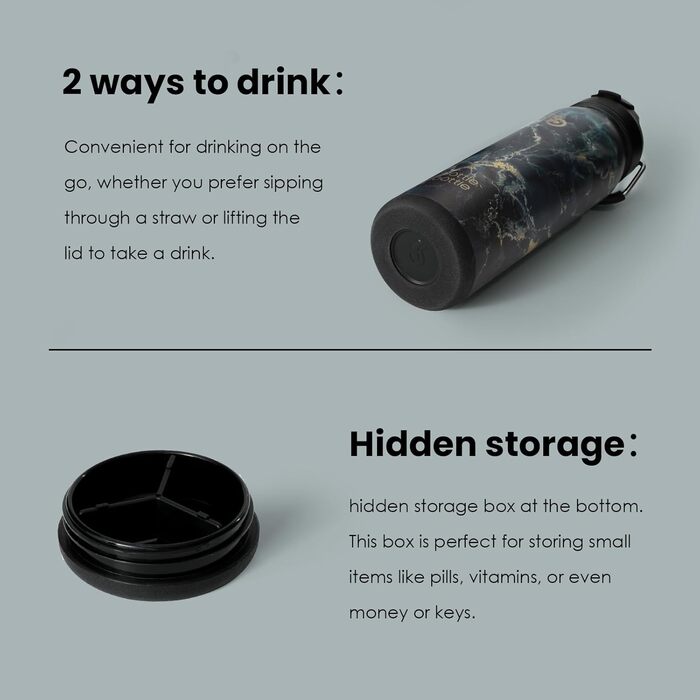 BOTTLE BOTTLE Stainless Steel Water Bottle 24oz (709ml) with Straw Handle and Pill Compartment for Outdoor School, Insulated Sports Bottle (Meteorite)