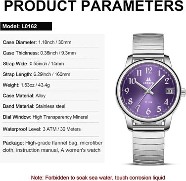 Жіночий годинник LN LENQIN: Водонепроникні годинники для жінок з нержавіючої сталі, кварцовий механізм, регульований браслет (сріблястий, фіолетовий)