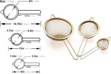 Proto Future High-Quality Kitchen Sieves Set, Fine Mesh - 8.5/14/20cm - Premium 304 Stainless Steel - Durable Sieves in Golden Color, Sieve Set for the Kitchen