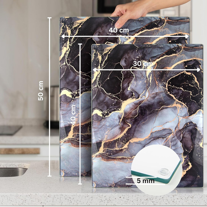 Скляна дошка для нарізання 40x30 см - гігієнічна, стійка до нагрівання та подряпин - чорна мармурова імітація, для кухні