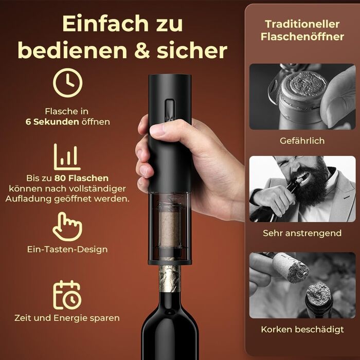 Електричний відкривачка для вина GHB 6-в-1 з USB-зарядкою, зрізач фольги, виливає вино та вакуумний затвор. Подарунок для поціновувачів вина