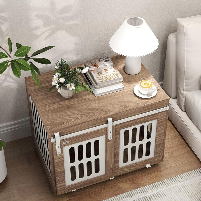 Клітка для собак PawHut з ковзними дверима, середнього розміру, з регульованим столиком, 80 x 59 x 63 см, горіхове дерево