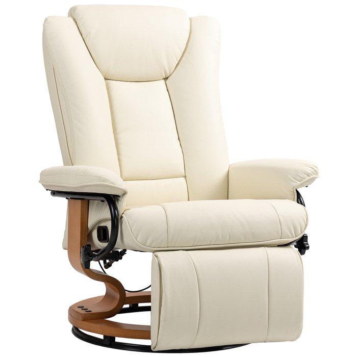 HOMCOM Reclining Swivel Armchair, TV Chair with Reclining Function and Footrest up to 150 kg, Faux Leather in Cream White for Living Room