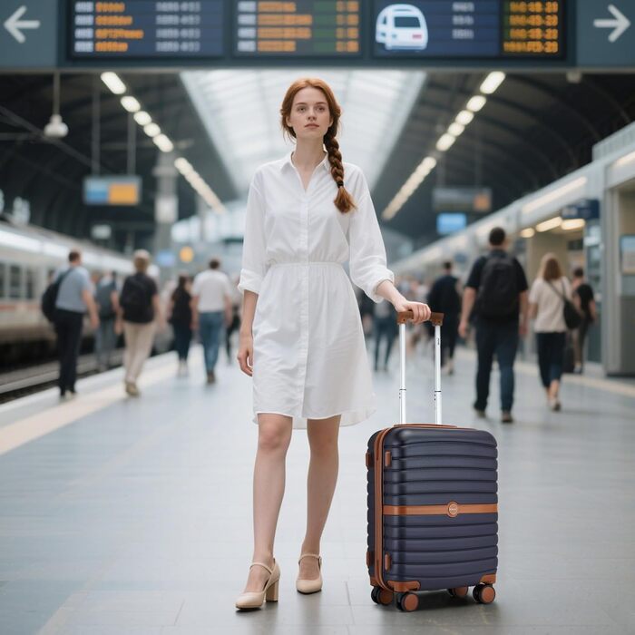 Чемодан-валіза KONO 55x40x20 см, ручна поклажа, ABS+PC, з коліщатами та замком, темно-синій/коричневий