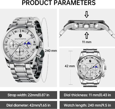 Годинник BENYAR для чоловіків: Хронограф, аналоговий кварц, водостійкий, з датою. Елегантний бізнес-стиль, ідеальний подарунок. Срібний браслет, біле циферблат.