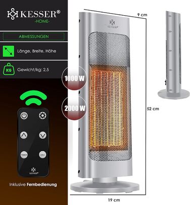 KESSER® Heater with Remote Control - Energy-Saving, Quiet, 2000W Ceramic Heater, Standing Heater, 15-30°C - Quick Heater with 80° Oscillation Function, 24h Timer, Tower Heater, Black