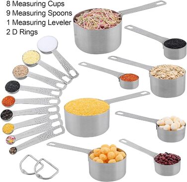 Smithcraft Measuring Cup and Spoon Set, 18-Piece, 18/8 Stainless Steel, Measuring Cups and Spoons, Set for Dry and Liquid, Metric and US Measurements, 8 Measuring Cups and 9 Spoons and Leveler for Baking