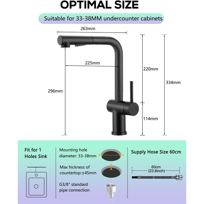 Змішувач кухонний з висувною лійкою, чорний, з двома режимами струменя, 360° обертання, з нержавіючої сталі