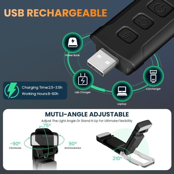 Кліпса-лампа для читання, перезарядна, 3 режими температури кольору, USB, гнучка 360°, для книг, в ліжко, для дітей та любителів читання (чорний)