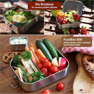 Stainless Steel Lunch Box | Lunchbox for Kids | 800 ml | Set with Dip Container 65 ml | Sliding Divider | Leak-Proof and Plastic-Free | Bread Box Snack Box