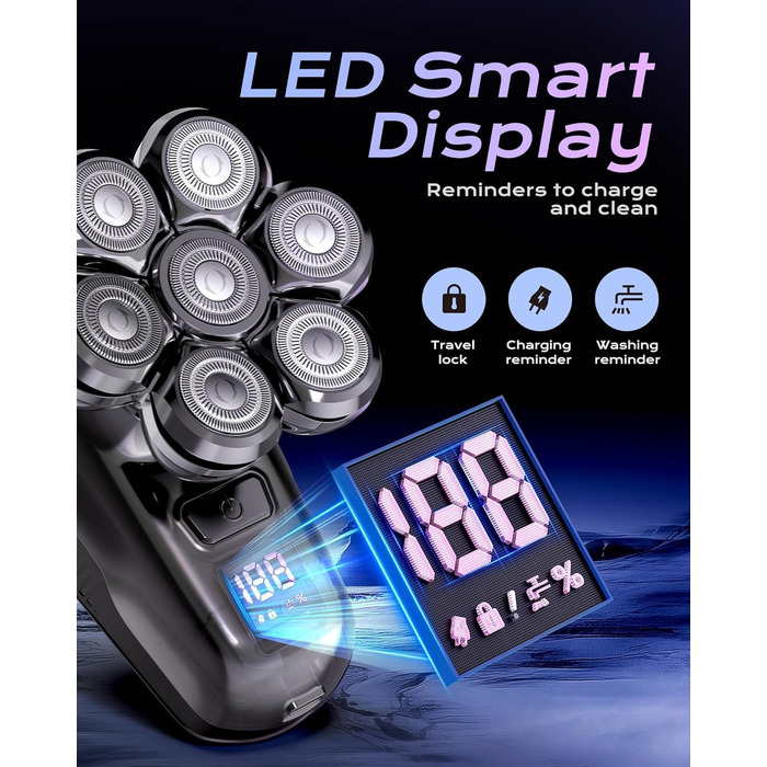 Електрична бритва для гоління голови Glatzen Herren 7D, водонепроникна IPX7, з тримером для бороди та носа, LED-дисплей