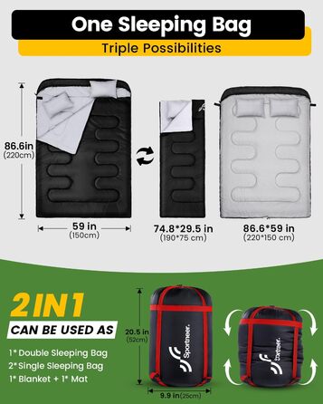 Сплячий мішок Outdoor Sportneer для 2 осіб, 220x150 см, 3.5 кг, з 2 подушками, 4 блискавки, дорослий, чорний