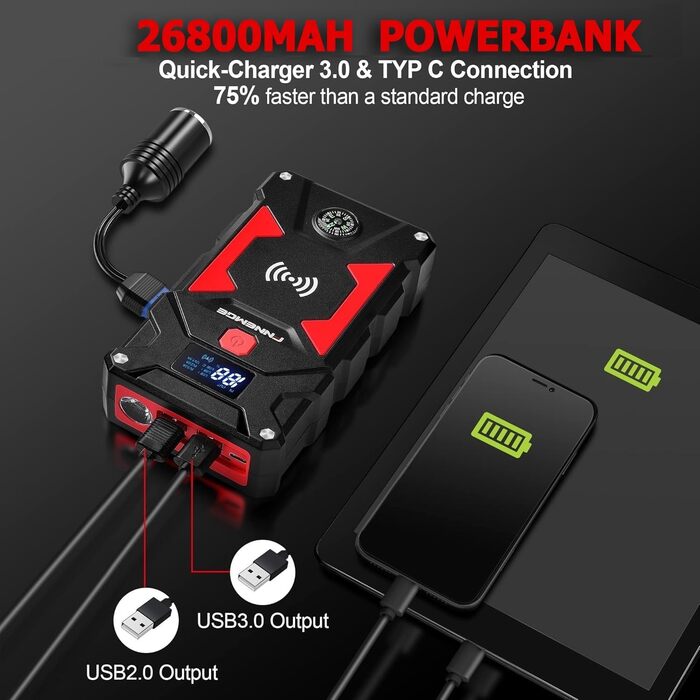 Powerbank Starthilfe 6000A/26800mAh: Зарядний пристрій для авто, 12V, USB Quick Charge 3.0, LED, EC-5