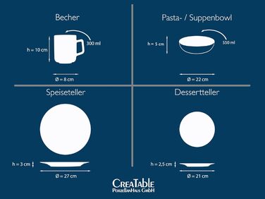 CreaTable Серія Везувій: Чорний комбінований посуд з порцеляни на 6 осіб (24 елементи), Made in Portugal