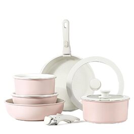 Набір посуду з антипригарним покриттям 11 предметів з знімними ручками (рожевий). Підходить для індукційних, газових плит, духовки та мийної машини. Без PFAS.
