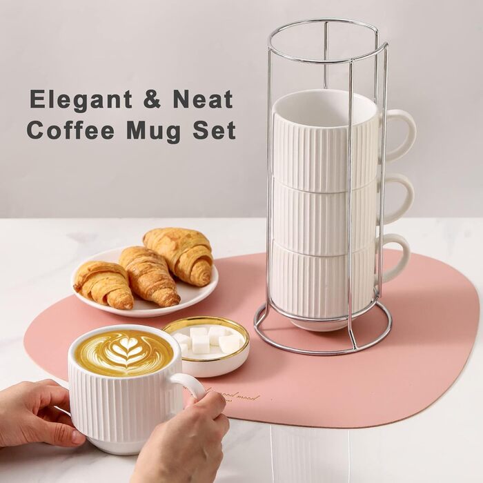 Набір кавових чашок Hasense Porcealin, 4 шт. з підставкою, 425 мл. Керамічні чашки для капучино, чаю, гарячого шоколаду, напоїв. Можна мити в посудомийній машині.