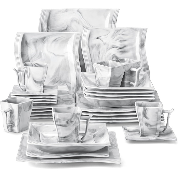 MALACASA Flora 30-Piece Marble Porcelain Dinnerware Set - Grey