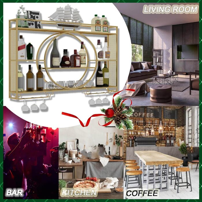 Настінна вітрина для вина, сучасна кругла підставка для зберігання, велика місткість, декоративна, для кухні, вітальні, бару (золота, 119.8 * 15 * 79.7 см)